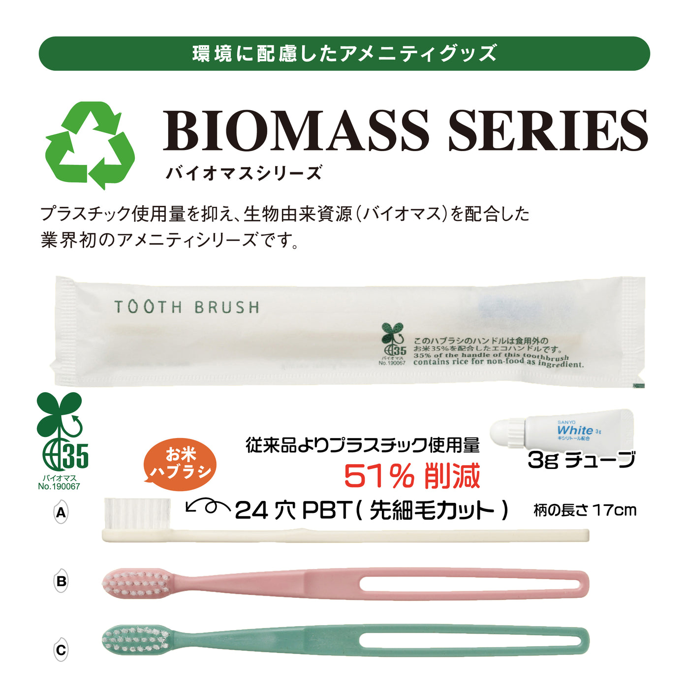 SDGs【BIOMASS】ハブラシセットR-3W-R3g(先細毛) 入数：1380本